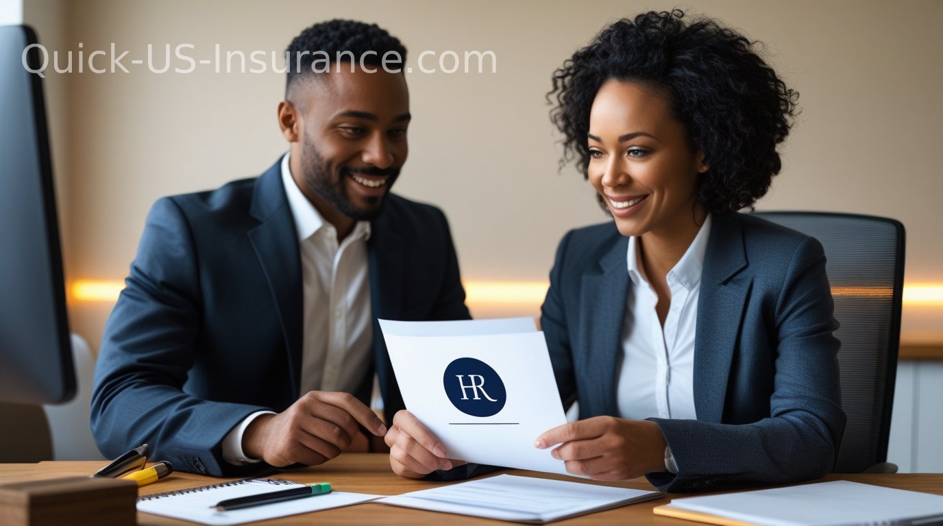 Employee reviewing employer-sponsored health insurance paperwork.