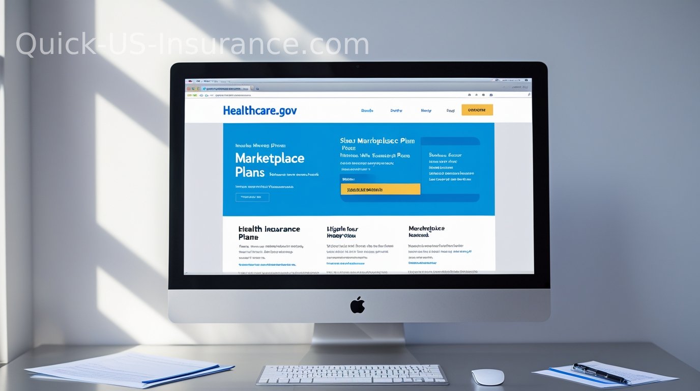 A computer screen showing HealthCare.gov with the Marketplace Plans section highlighted