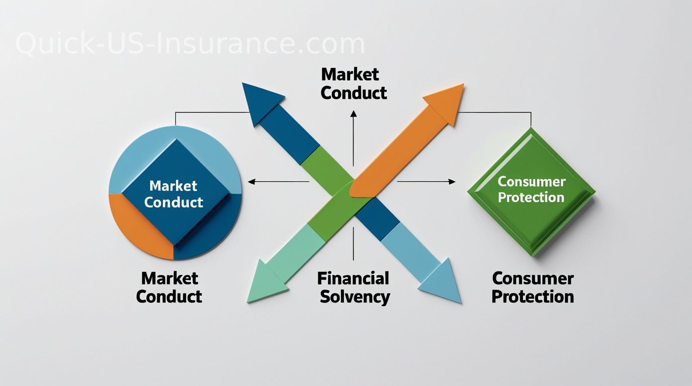 Diagram explaining market conduct, solvency, and consumer protection in state insurance regulation