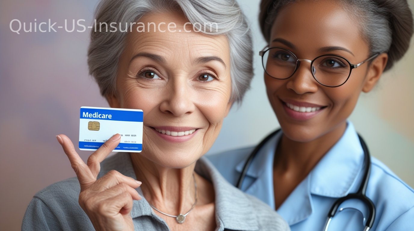 Senior woman holding her Medicare card at a healthcare clinic.