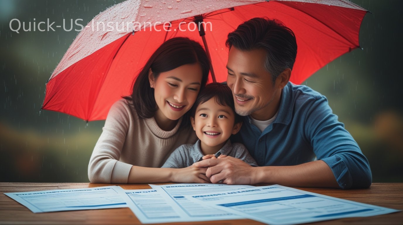 Family protected by life insurance umbrella representing financial security.