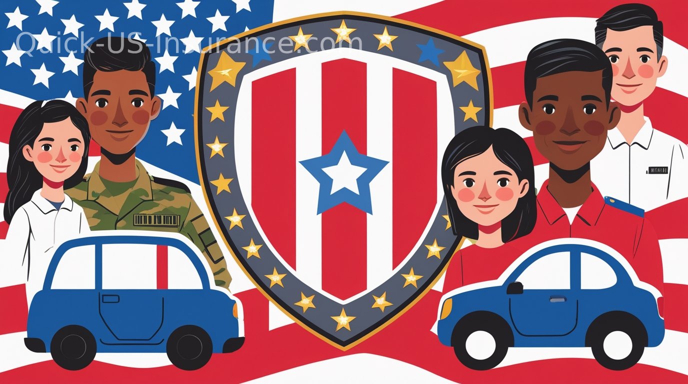 USAA insurance illustration showing military family protection with shield icon.