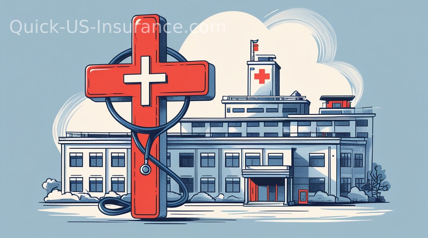 Blue Cross Blue Shield health insurance illustration with hospital and medical cross.
