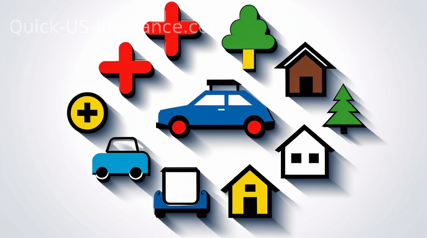 Icons representing different types of insurance in the United States: health, auto, home, life, renters
