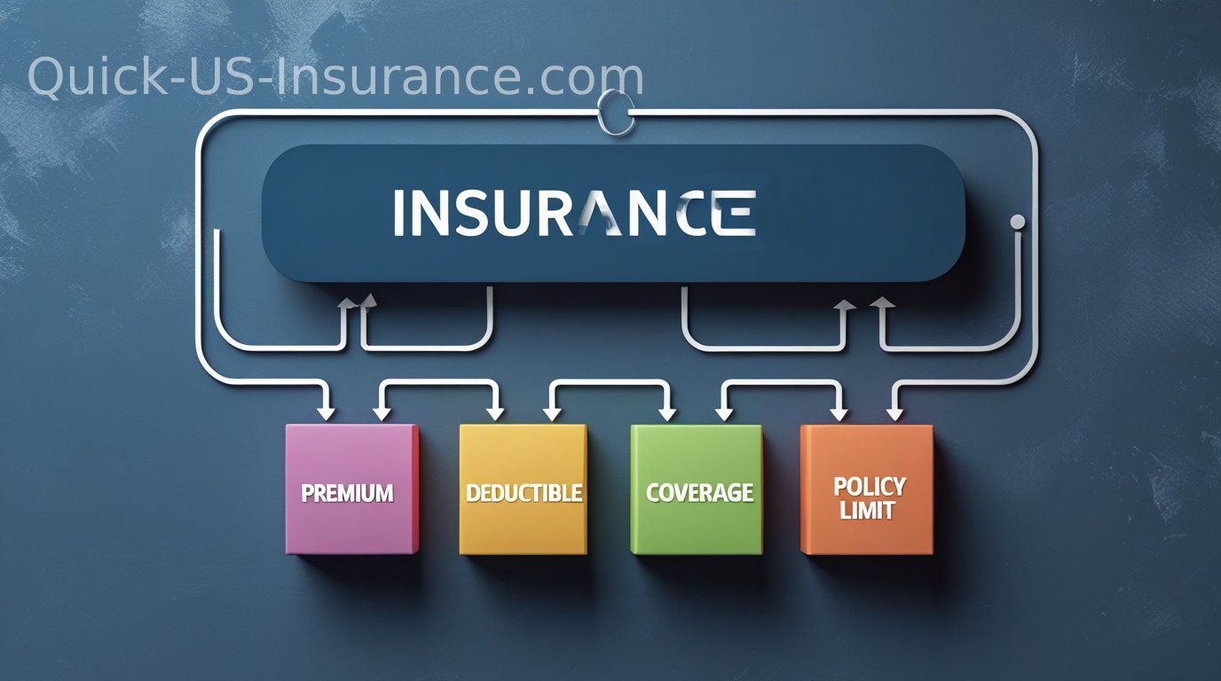 Diagram showing key components of insurance: premium, deductible, coverage, policy limit