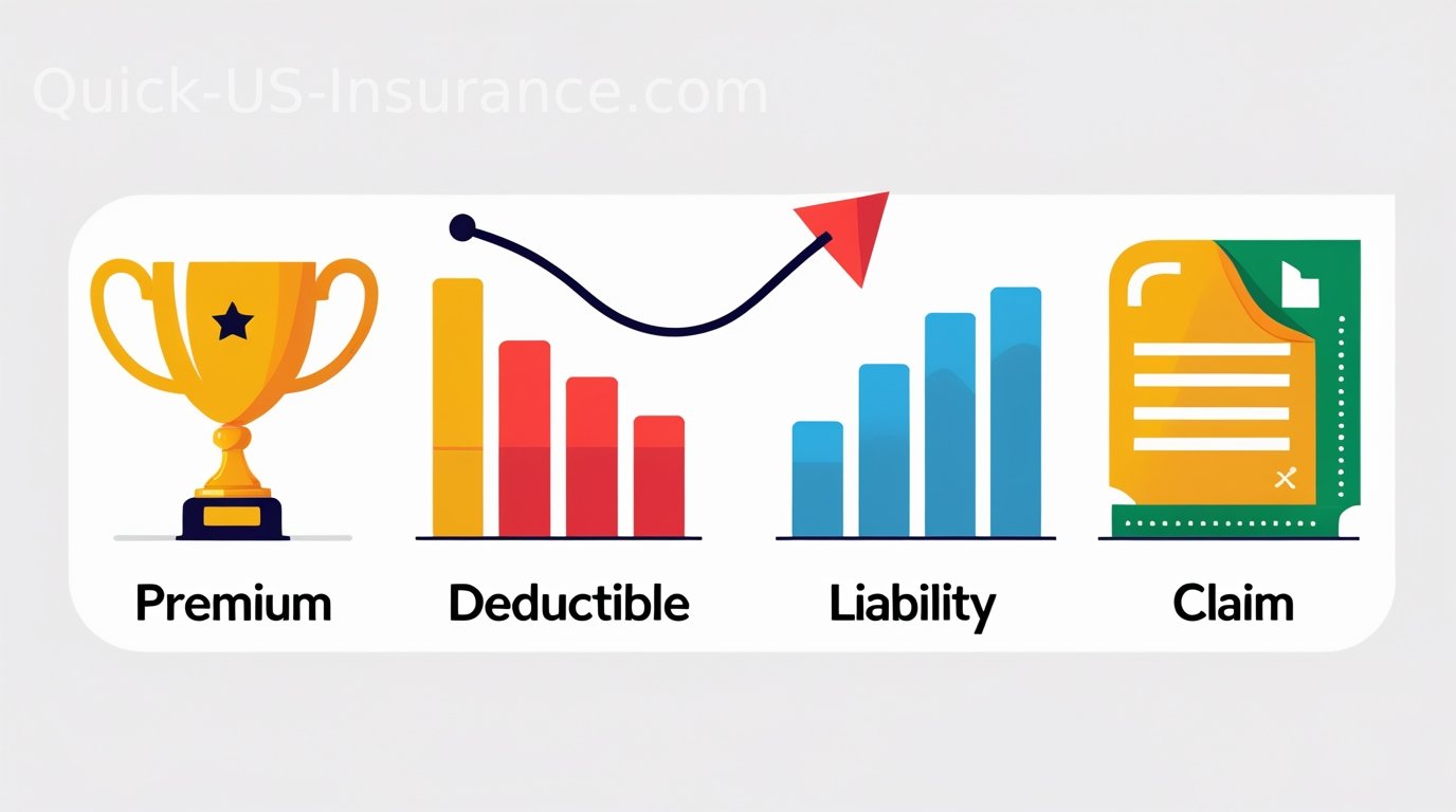 Infographic showing A to Z common insurance terms like premium, deductible, liability, and claim